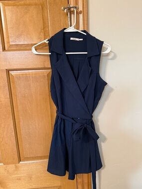 Mi Amore Navy Sleeveless Wrap Romper with Self-Tie Belt